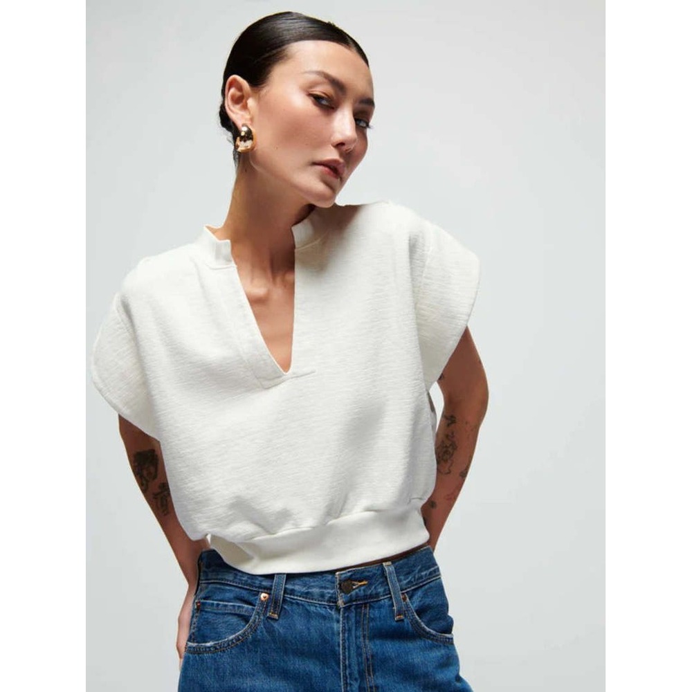Nation LTD Lenon Sweatshirt 100% Pima Cotton XL Cream Cropped Boxy MInimalist